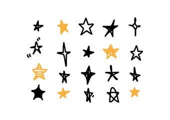 Set of stars in cartoon hand-drawn style on white background. Vector illustration.