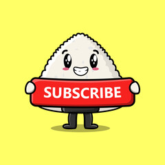 Cute cartoon rice japanese sushi character holding red subscribe board