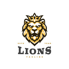 Lion king emblem logo design. Lion head with crown vector illustration