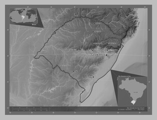 Rio Grande do Sul, Brazil. Grayscale. Labelled points of cities