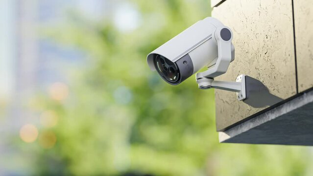 CCTV camera installed on wall of the building. Scan the area for surveillance purposes. Can be used  background in security work. Animation seamless loop. 3D Render