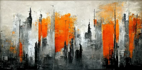 Tuinposter Spectacular abstract cityscape watercolor painting with black and orange color. Digital art 3D illustration. © Summit Art Creations