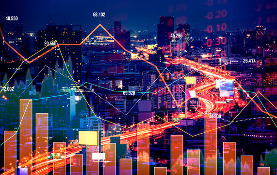 The digital indicators and declining graphs of a stock market crash overlap the backdrop of a modernistic city. Concept of a market crash in double exposure.