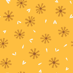 Seamless pattern with dried ditsy flowers with white leaves and little hearts on yellow background. Simple floral seamless background. Simple flower print for textile, home nursery wallpaper.