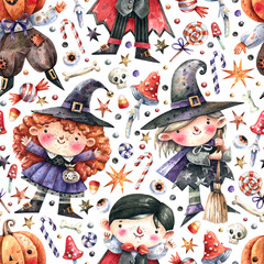 Halloween seamless pattern with cute witches, vampire, pumpkin, bones, sweets and stars.  cartoon background with cute characters for Halloween.
