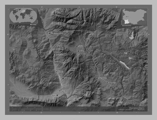 Blagoevgrad, Bulgaria. Grayscale. Labelled points of cities