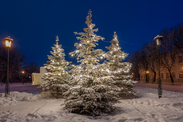 A snow-covered Christmas tree decorated with garlands on a winter evening.