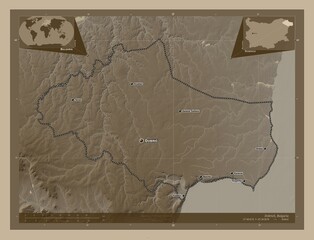 Dobrich, Bulgaria. Sepia. Labelled points of cities