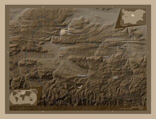 Gabrovo, Bulgaria. Sepia. Labelled points of cities