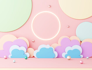stage podium party kid cute theme. sun neon light colorful cloud sky and star backdrop with sphere balls on pink floor. playground, nursery and performances shows festival fun child. 3D Illustration.
