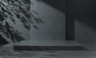 3d Rendering Modern Minimal Mockup Black Podium Stage Sunlight Shadow Tee Shade On Cement Wall Illustration Background