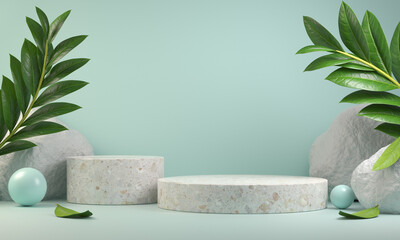 3d Rendering Modern Minimal Empty Display Stand Podium With Tropic Concept Plant and Rock On Mint Backgrounds Illustration
