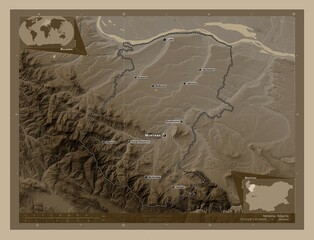 Montana, Bulgaria. Sepia. Labelled points of cities