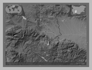 Pazardzhik, Bulgaria. Grayscale. Labelled points of cities
