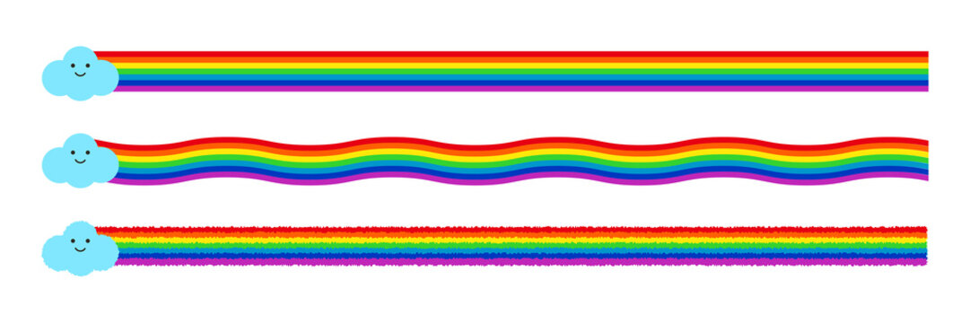 Illustration graphic set of line border decoration of cute cloud and colorful rainbow combination.
