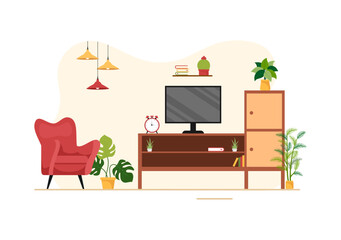 Home Decor Template Hand Drawn Cartoon Illustration The set of Furniture and Living Room Interior in Flat Style Design