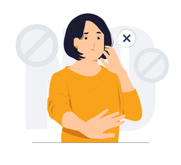 No and makes stop gesture, forbids something and expresses disagreement, Body language No means no concept illustration