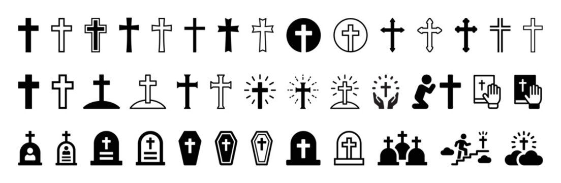 Christian cross religion icon set. Crucifix, bible, payer, death and coffin symbol illustration vector collection.