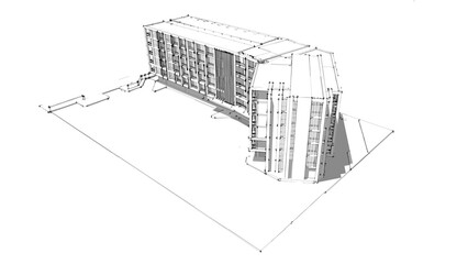 Architecture background. Perspective 3d Wireframe of building.