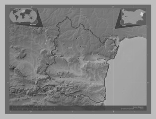 Varna, Bulgaria. Grayscale. Labelled points of cities