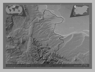 Vidin, Bulgaria. Grayscale. Labelled points of cities
