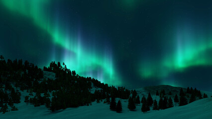 A beautiful green and red aurora dancing over the hills. - 531178779