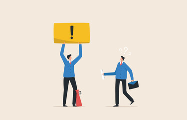Important announcements, interests or warnings.  Caution or business warning. Discussion caution fact and voice. .Businessman holding a warning sign.