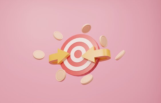 Arrow curving around target with coins, retargeting marketing strategy concept, 3d render illustration.