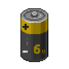 An 8-bit retro-styled pixel-art illustration of an orange 6 volt battery.
