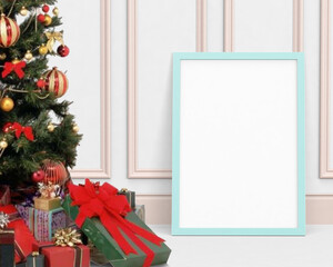 Merry Christmas Mockup Scene with Baby Blue Frame in front of the pastel pink wall.