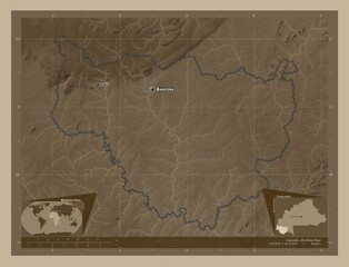 Cascades, Burkina Faso. Sepia. Labelled points of cities