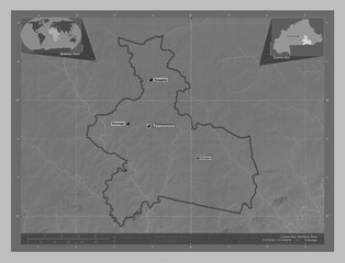 Centre-Est, Burkina Faso. Grayscale. Labelled points of cities