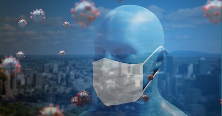 Covid-19 cells against 3D human head model wearing face mask and cityscape