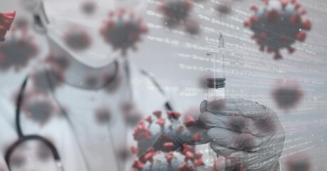 Covid-19 cells and data processing against doctor holding a syringe