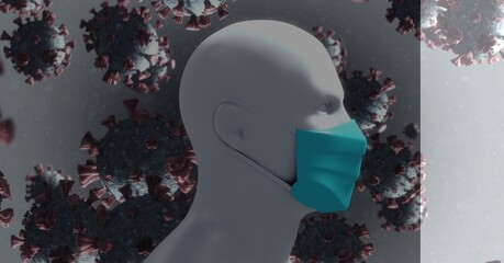Covid-19 cells against 3D human head model wearing a face mask