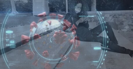 Scope scanning Covid-19 cell against woman wearing face mask using smartphone