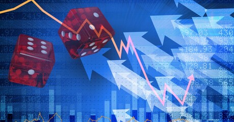 Digital illustration red dices over recordings, statistics and blue arrows
