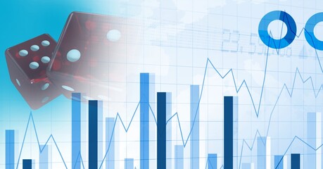 Digital illustration red dices over graphs and statistics in a blue background