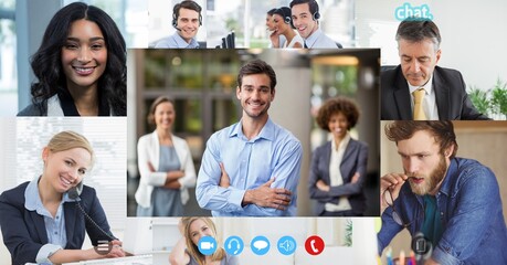 Divided computer screen showing multi ethnic coworkers working remotely