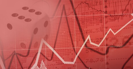 Digital illustration white dice over graphs and statistics in red background
