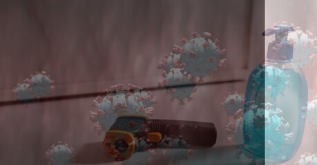 Thermometer gun and macro coronavirus covid19 cells floating 
