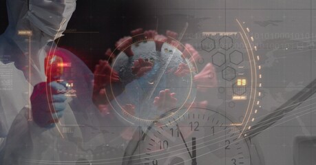 Healthcare worker wearing face mask over macro coronavirus covid19 cells spreading using thermometer