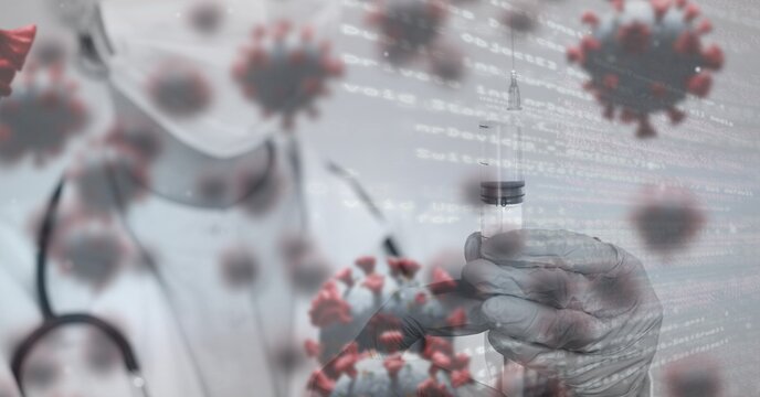 Covid-19 cells and data processing against doctor holding a syringe