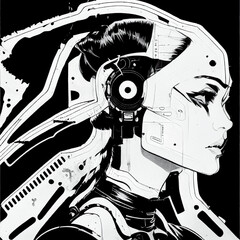 Cyberpunk woman warrior black ink illustration. Cyborg female. Biomechanical human	
