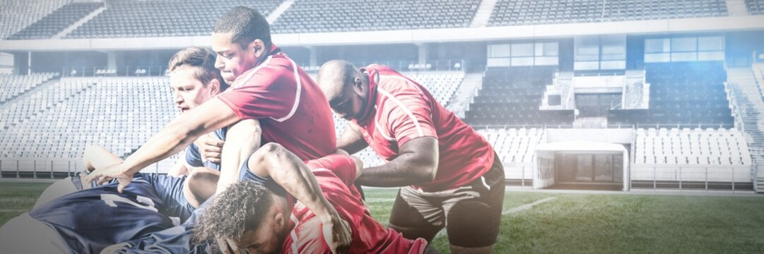 Digital composite image of team of rugby players playing rugby in sports stadium