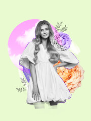 Abstract art collage of young woman in white dress on a background of flowers. Conceptual fashion art design in a modern style