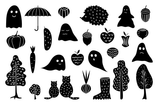 A set of black and white silhouettes of illustrations on the theme of autumn and Halloween