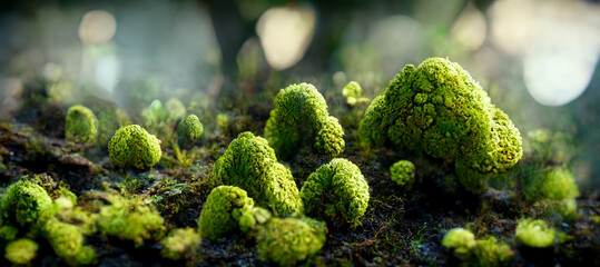 3D rendering. Moss lichen mushrooms on the jungle highly detailed illustration