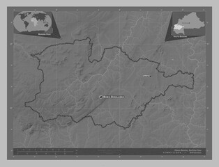 Hauts-Bassins, Burkina Faso. Grayscale. Labelled points of cities