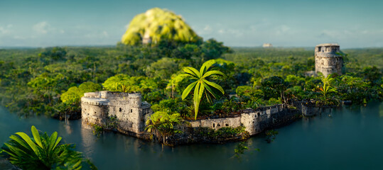 Fototapeta na wymiar 3D rendering. Fantasy caribbean paradise island with the river illustration
